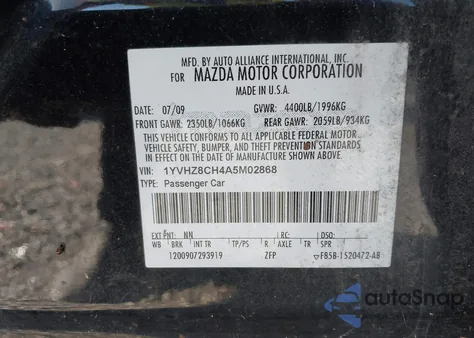 2010 Mazda Mazda6 I Touring Plus z USA, uszkodzony, nr VIN 1YVHZ8CH4A5M02868